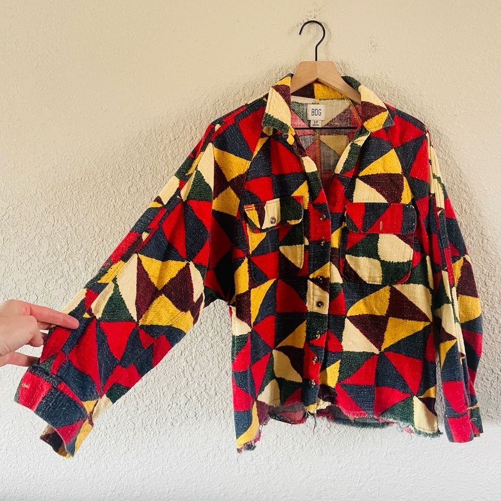 BDG Multicolor Geometric Red Yellow Green Button Up Top